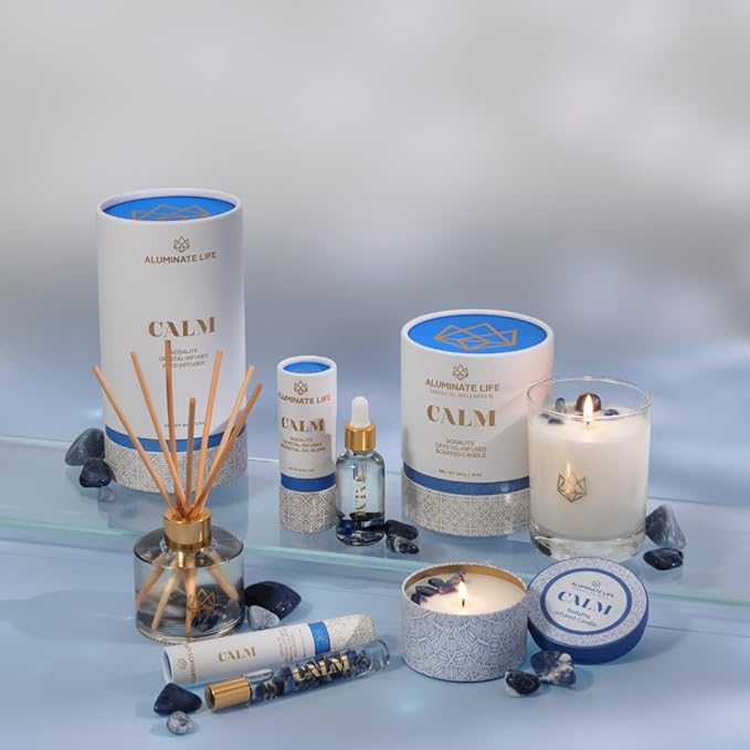 Luxury Candle Tin, 6 OZ, Calm - Sodalite Healing Crystal Infused - Scents of Chamomile, Howood, & Sage - Destress, Insight, Serenity, & Peace - Coconut Wax, Essential Oils
