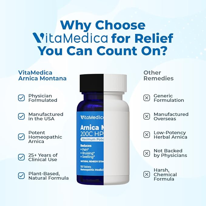 VitaMedica Arnica Montana 200C Rapid Dissolve Tablets for Natural Pain, Bruising, and Swelling Support - High Potency Homeopathic Medicine for Injury and Surgery Recovery - 150 Ct - 50 Servings