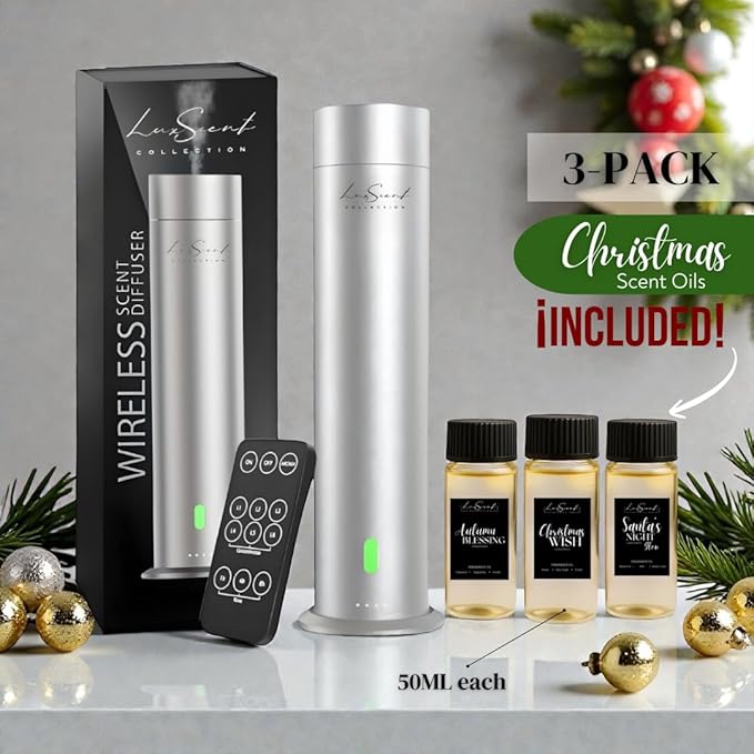 Wireless Aroma Diffuser with 150mL Christmas Scent Oil 3-Pack Included - for up to 1000sq. ft Coverage - Hotel Scent Diffuser - Remote Control - Home Luxury Essential Oil Diffuser - Aromatherapy