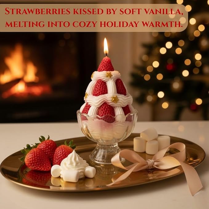 Sweet Strawberry Dessert Candle – Novelty Scented Candle, Strawberry Ice Cream Design, Strawberry & Marshmallow Scent, 220g / 7.76oz, Festive Christmas Candle with Premium Gift Box