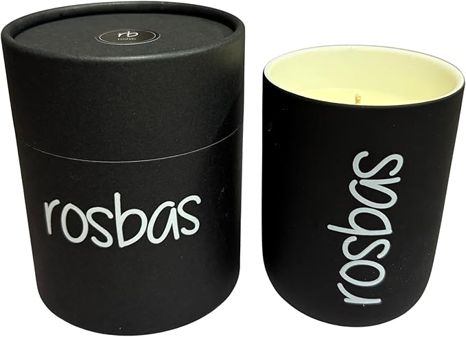 Rosbas Candle, Sandalwood Scented, Natural Soy Wax, Black Ceramic Jar, Gift Box, 8 oz, Cotton Wick, Long Burn Time, Home, Non-Toxic, Handmade in The USA