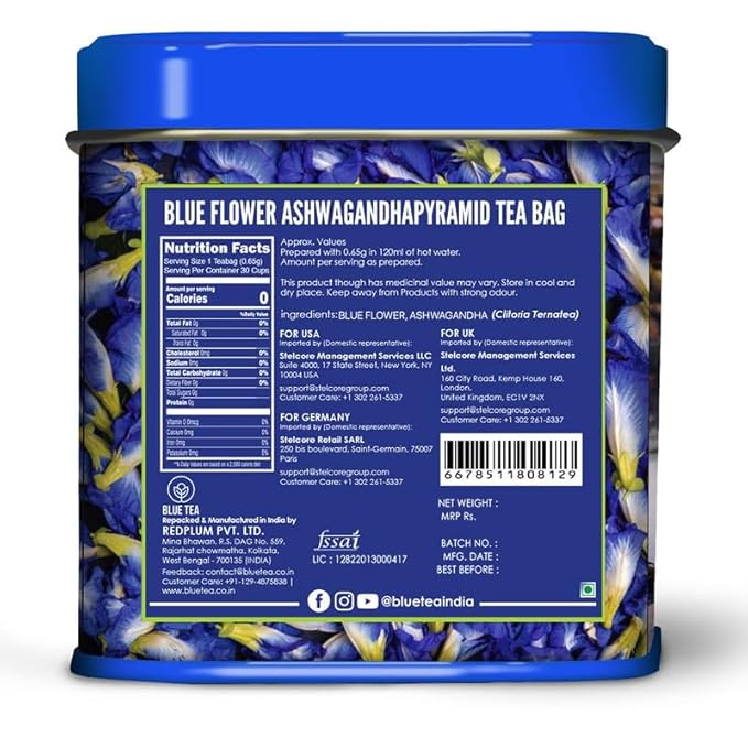 BLUE TEA - Butterfly Pea Flower Tea - Ashwagandha - 15 Count - Pyramid Plant Based Tea Bag | ANTIOXIDANT RICH | Caffeine Free - Flower Based - Detox Tea - Non-GMO | Reusable Tin Pack