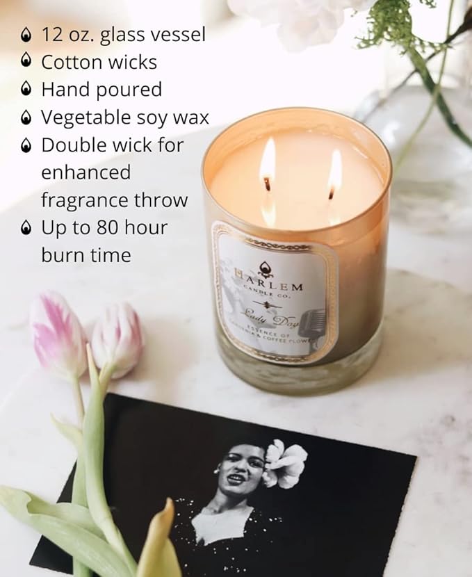 HARLEM CANDLE CO. Lady Day - Luxury Scented Soy Candle, 11 oz - 80-Hour Burn Time | Gardenia, Jasmine, Lush Green Leaves, Neroli Blossom, and Coconut Milk | Scented Candles for Home