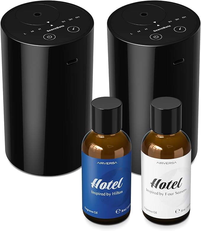Waterless Essential Oil Diffuser Starter Kit with 2 x 30mL Hotel Scent Fragrance Oil, Battery Operated Scent Air Machine Cordless Portable Diffuser for Home Car, ANZ Black 2PCs Kit