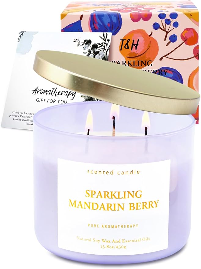 Sparkling Mandarin Berry 3-Wick Scented Soy Candle 15.8 oz | Large Citrus & Fruit Candle for Home Relaxation | Aromatherapy Stress Relief Candles | Long-Lasting Clean Burn