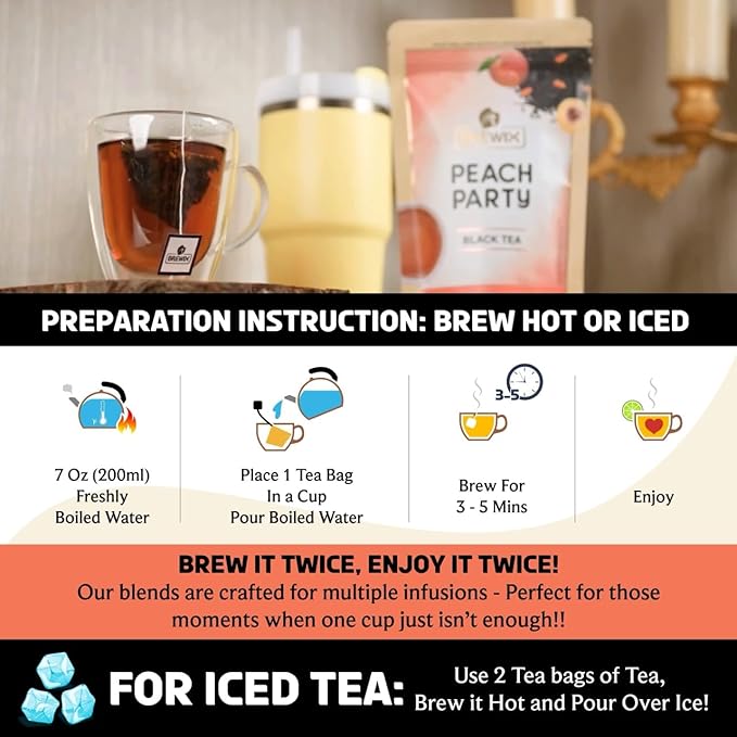 BREWIX, Peach Black Tea (50 Plant Based Pyramid Bags) | Premium Black Tea with Peach | Floral & Refreshing | Iced or Hot | Caffeinated And Sugar-Free