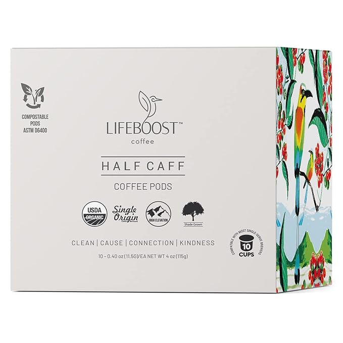 Lifeboost Half Caff Coffee K Cups - Low Acid Half Caff Coffee Pods - Non-GMO Mold Free Pods Compatible with Keurig & Keurig 2 - Third Party Tested for Mycotoxins and Pesticides - 10 Count