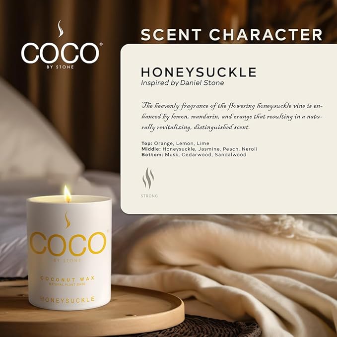 COCO by Stone 11oz Candle, Coconut Apricot Wax Candle for Home (Honey Suckle) Home Fragrance Products, 1 Wick Candle, Enhance Indoor Aroma, Vegan & Cruelty-Free, Clean Burning and Hand Poured Candle