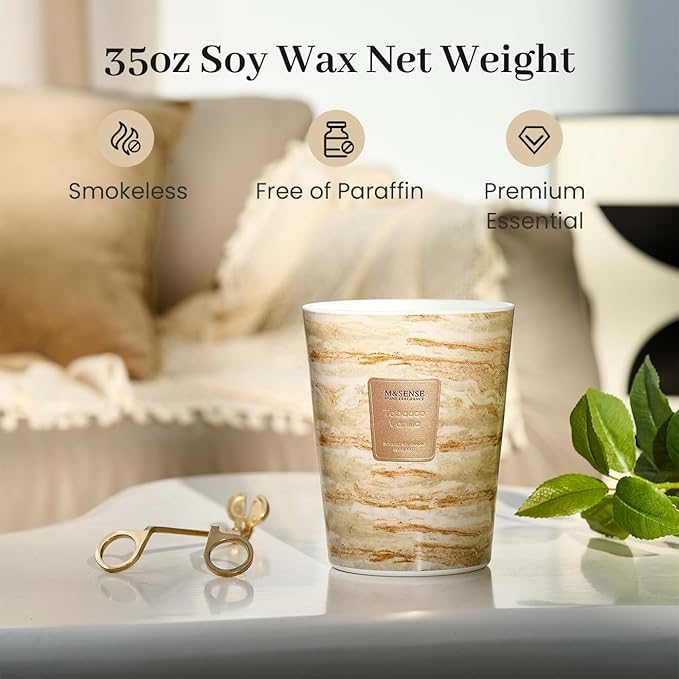M&SENSE Extra Large Candle 35oz 150H TobaccoVanilla Scented Candle, 3 Wick Highly Scented Jar Candle, XL Candles Gift for Stress Relief, Meditation, Yoga