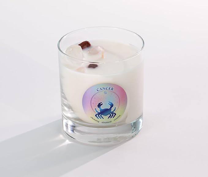 Luxury Glass Jar Candle, Cancer Zodiac Sign, 8.8 oz - Crystal Infused - Scents of Lime, Coconut, Driftwood & Vanilla - USA Made, Coconut-Soy Wax, Essential Oils, Dr. Developed