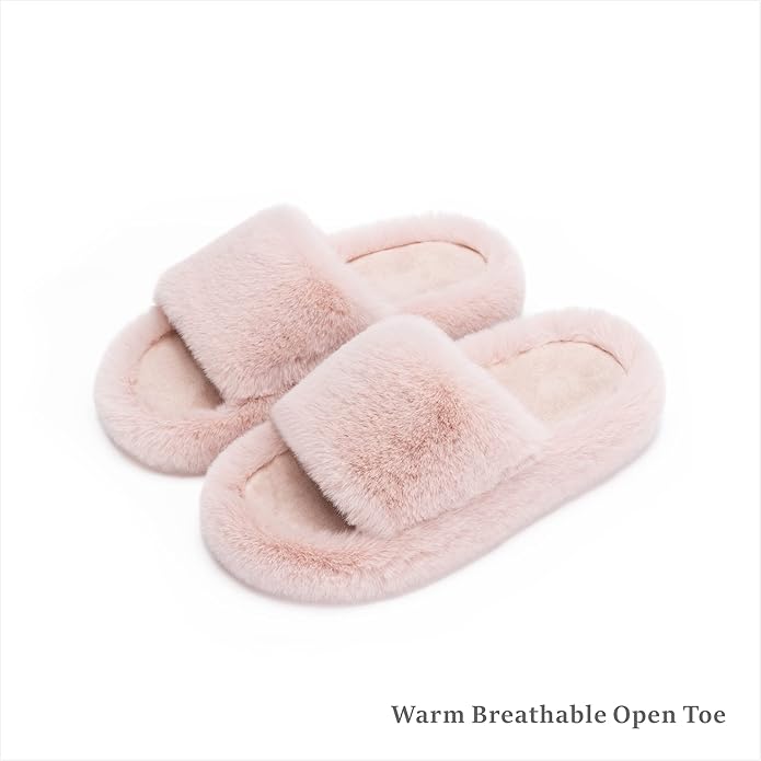 Chantomoo Women's Blue Memory Foam Faux Fur Lined Open Toe Slippers for Women - US 12
