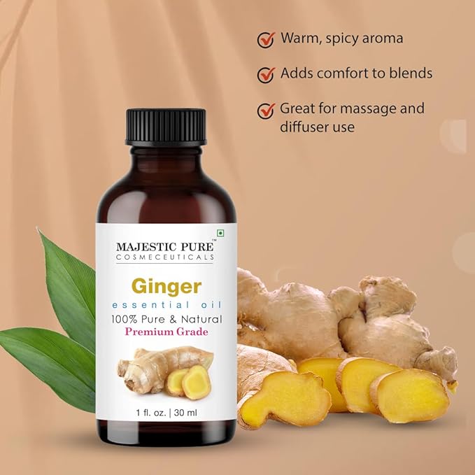 Majestic Pure Essential Oil with Glass Dropper - 100% Pure and Natural - Essential Oils for Diffuser, Aromatherapy, Soap and Candle Making, Ginger Essential Oil, Ginger Oil, 1 Fl Oz