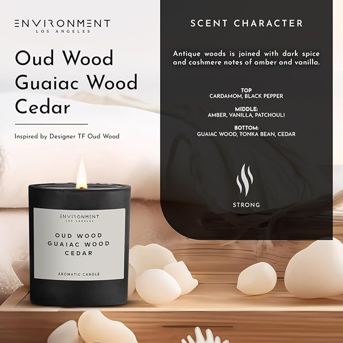 Environment Inspired by Designer TF Oud Wood Candle, 8oz Luxury Coconut Apricot Wax Candles for Home (Oud Wood | Guaiac Wood | Cedar) Home Fragrance Products, 1 Wick Candle, Vegan & Cruelty-Free.