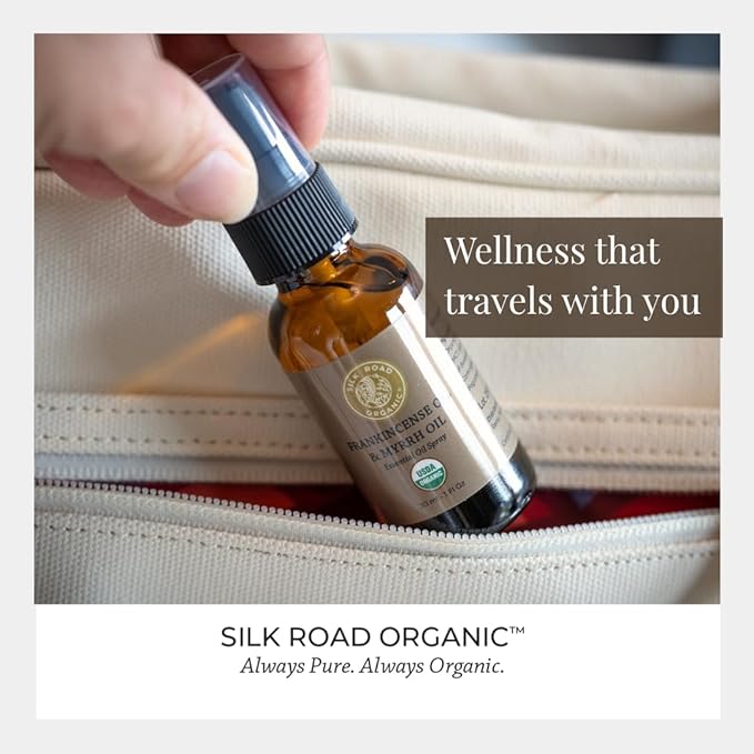 Silk Road Organic Frankincense Oil & Myrrh Essential Oil Spray, 100% Pure USDA Certified Aromatherapy for Body Aches, Stiffness & Tingling, Stress Relief, & Skin - 1 Oz Spray