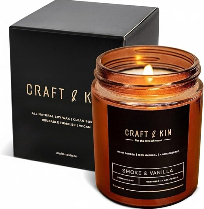 Craft & Kin Scented Candles for Men | Premium Smoke & Vanilla Candle for Home | All-Natural Scent | Long Lasting Winter Candles, 45-Hour Burn Time, 8oz