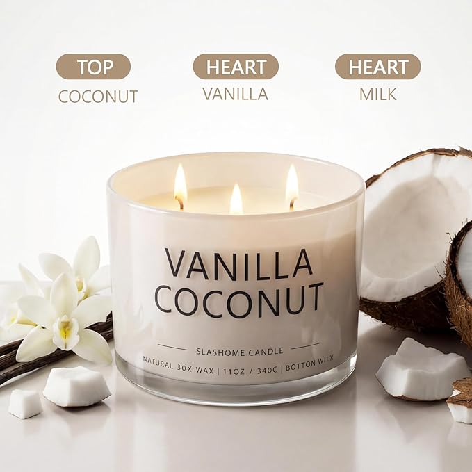 Vanilla Coconut Scented Candle, Luxury Large 3 Wick Soy Candle 12 Oz, 60+ Hour Long Lasting Clean Burn, Elegant Aromatherapy Home Decor, Housewarming & Birthday Gift for Men & Women