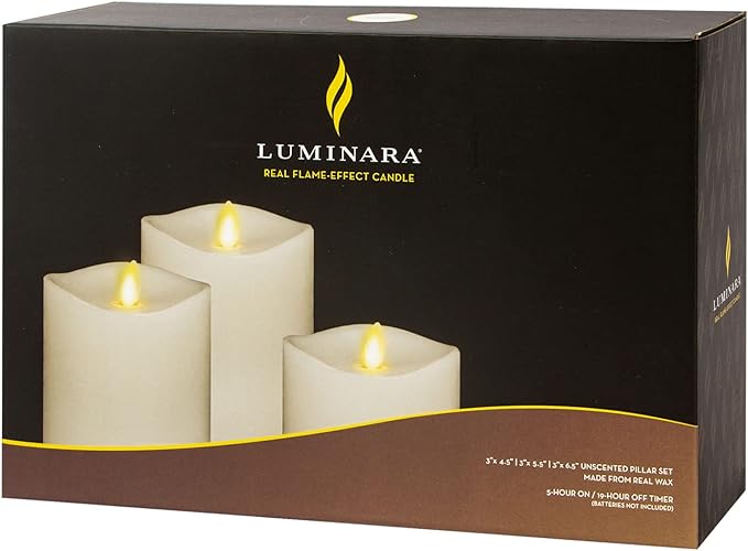 Luminara Realistic Flameless LED Candle White Set of 3, Battery Operated with Remote Control, Moving Flame Pillar Timer Funtion Melted Top Safe