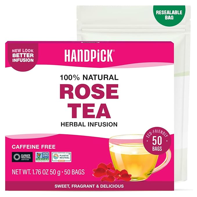 HANDPICK, Rose Buds Herbal Tea Bags - 50 Count | Caffeine Free Rose Tea with Chamomile & Tulsi | Floral & Smooth | Round Eco-conscious Tea Bags