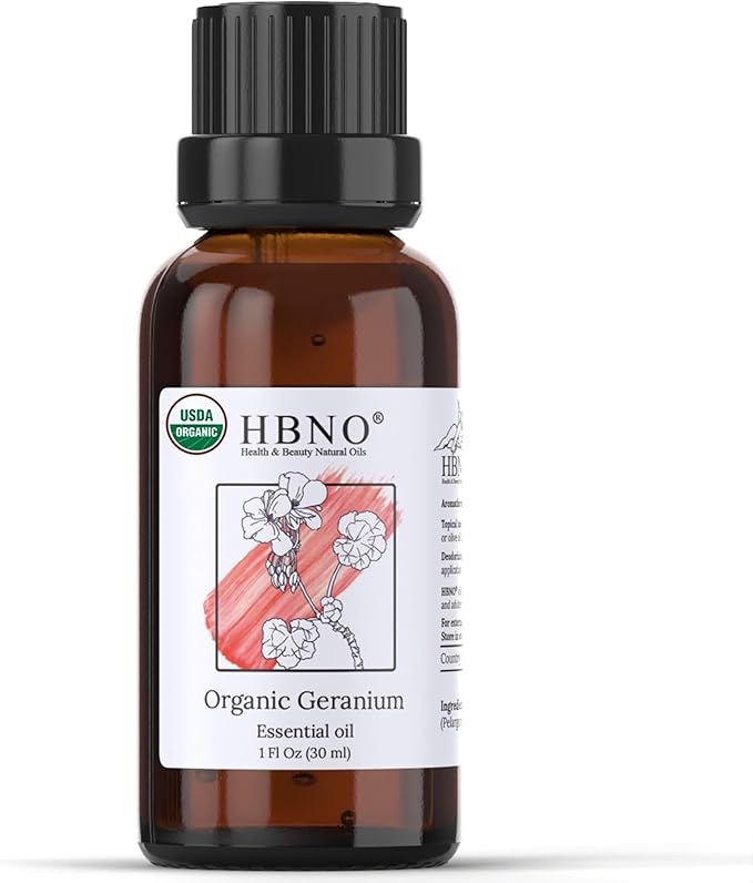 HBNO Organic Geranium Essential Oil - 1 oz (30ml) - USDA Certified Organic Geranium Essential Oil for Aromatherapy, Soap Making, DIY, Fragrances, Diffuser.