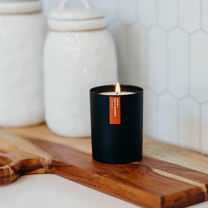 Calyan Wax Co. Apples & Maple Bourbon Scented Candle - 75 Hour Burn - Luxury Non Toxic Soy Wax Candles - Long Lasting Black Tumbler Jar Candle for Home - 10.2oz