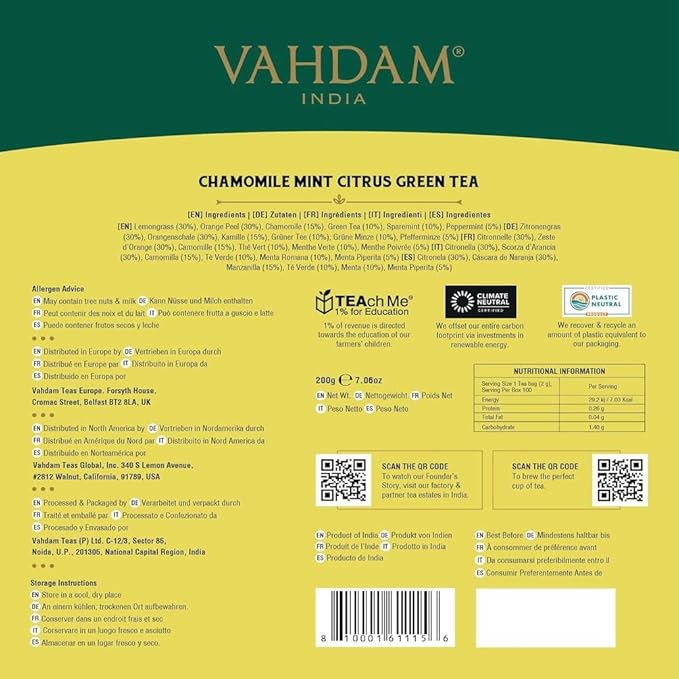 VAHDAM, Chamomile Herbal Tea (100 Pyramid Tea Bags) Resealable Ziplock Pouch | Caffeine Free, Non GMO, Gluten Free | 100% Pure Tisane - Sweet & Floral | Made With Natural Chamomile Flowers