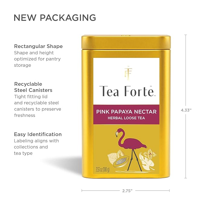 Tea Forte Pink Papaya Nectar Premium Loose Leaf Caffeine-Free Herbal Tea Blend Canister, Makes 35-50 Cups