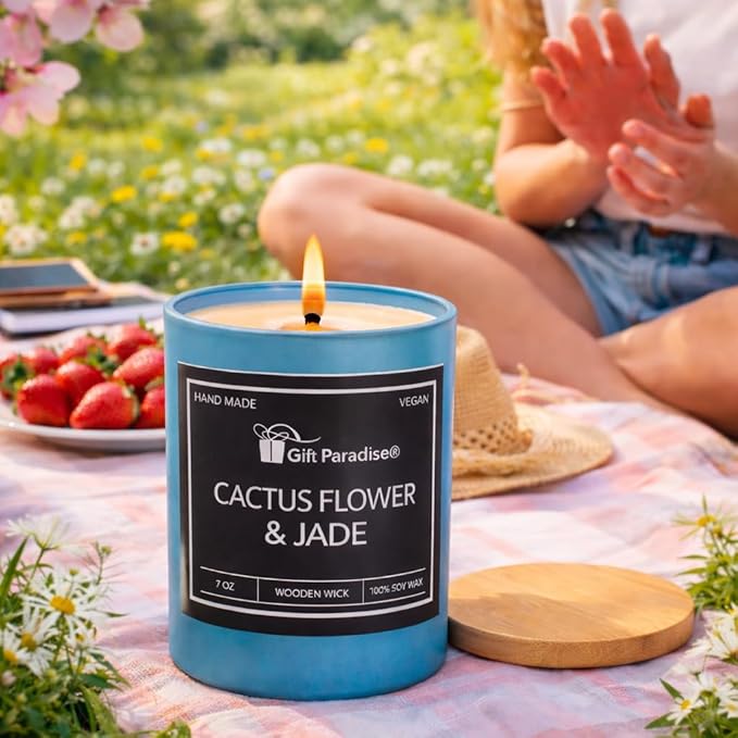 Cactus Flower & Jade Candle 7oz – Premium Soy Wax, Wooden Wick, Glass Jar, Wooden Gift Box – Vegan, Non-Toxic, Spring & Summer Self Care, Valentine’s Day Gift for Her & Him