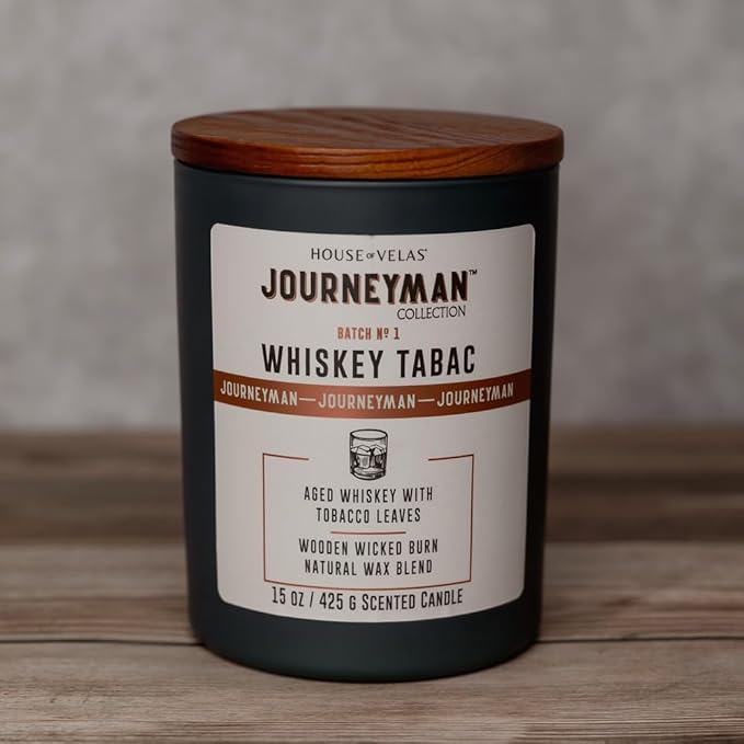 Journeyman Collection Candle, 15oz, Wooden Wick, Whiskey Tabac, Large Painted Jar
