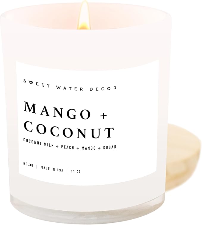 Sweet Water Decor Mango and Coconut Candle - Soy Pineapple, Mango and Orange Scented Summer Candles for Home - 11oz White Glass Jar and Wood Lid, 50+ Hour Burn Time, Made in The USA