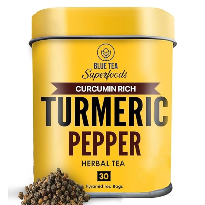 BLUE TEA - Turmeric Tea - Pepper - 30 Count - Pyramid Plant Based Tea Bag | CURCUMIN RICH - HERBAL BLEND | Herbal Tea - Caffeine Free - No Sugar - Earthy Flavor - Healthy | Tin Pack