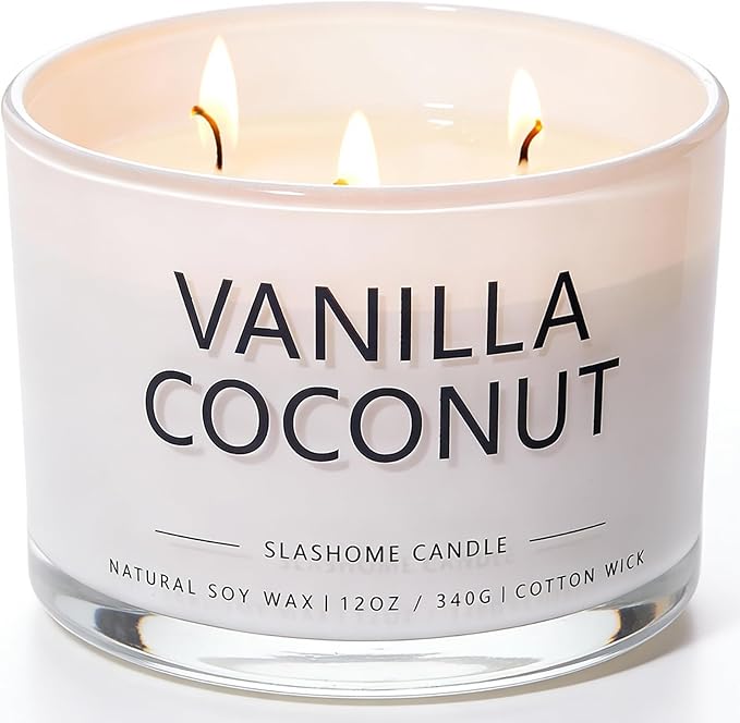 Vanilla Coconut Scented Candle, Luxury Large 3 Wick Soy Candle 12 Oz, 60+ Hour Long Lasting Clean Burn, Elegant Aromatherapy Home Decor, Housewarming & Birthday Gift for Men & Women