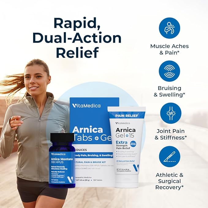 VitaMedica Arnica Montana Tablets & Arnica Gel Bundle – Support for Bruising, Swelling & Soreness, 150 Rapid-Dissolve Tablets + 3 oz Water-Based Gel