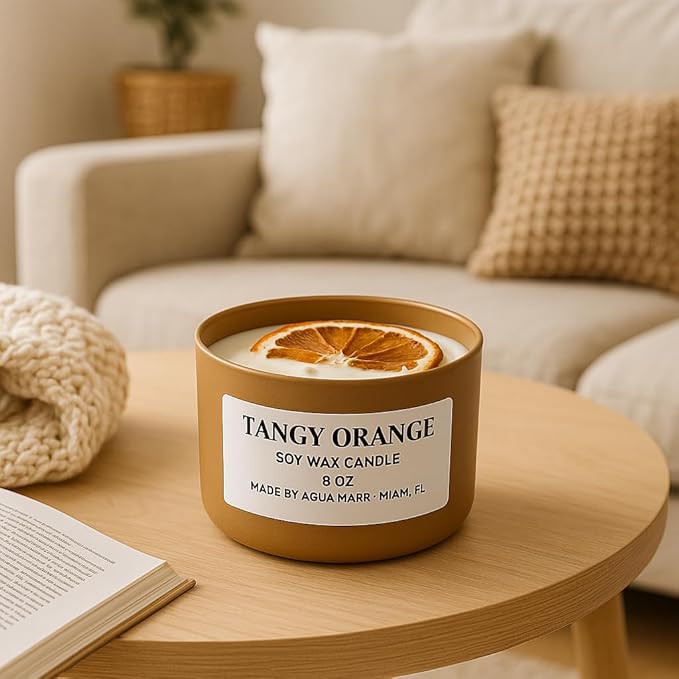 Aqua MARR Tangy Orange Soy Wax Candle, 8 oz, Handmade in Miami with Dried Orange Slice, Gold Metal Container