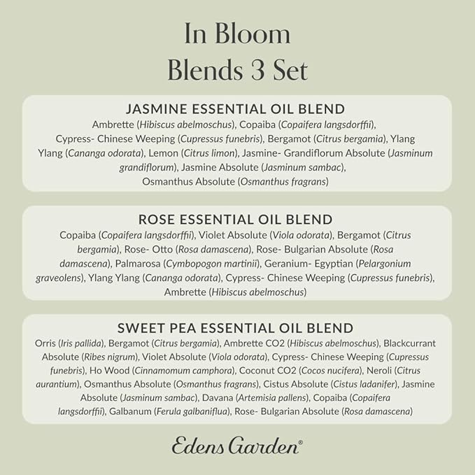 Edens Garden In Bloom Essential Oil 3 Set – 100% Pure Therapeutic Grade, Undiluted Aromatherapy- Jasmine, Rose & Sweet Pea Floral Blends– No Artificial Fragrance & Natural For Diffusers, 10 ml/ 3 Pack