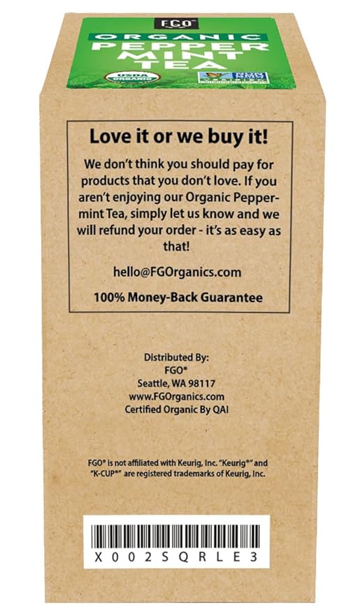 FGO Organic Peppermint Tea K-Cup Pods for Keurig, 24 Count (Pack of 1), Naturally Caffeine-Free Herbal Tea, USDA Organic, Non-GMO, & Recyclable