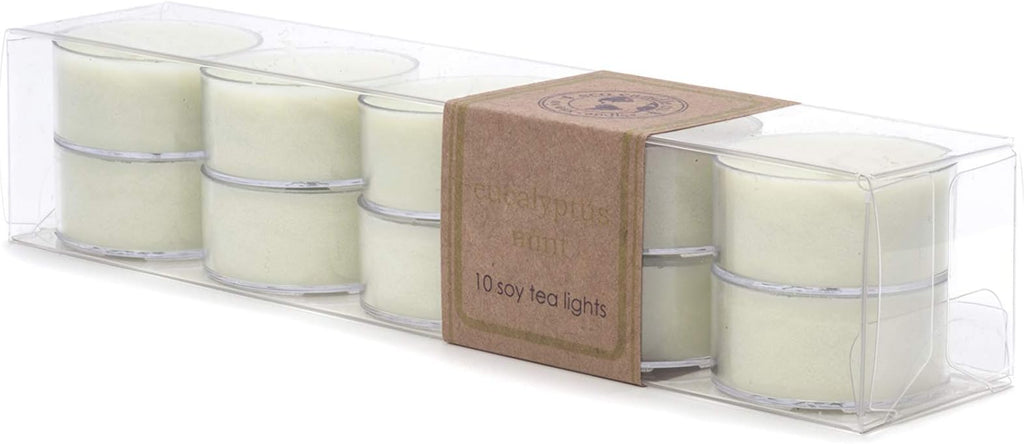 ECO CANDLE CO. Tea Light Candles, Eucalyptus Mint, 10-Pack - Scents of Eucalyptus, Spearmint, & Peppermint - Recyclable, 100% Soy Wax, No Lead, Hand Poured, Midwest Grown Soybeans, .6 oz. Each