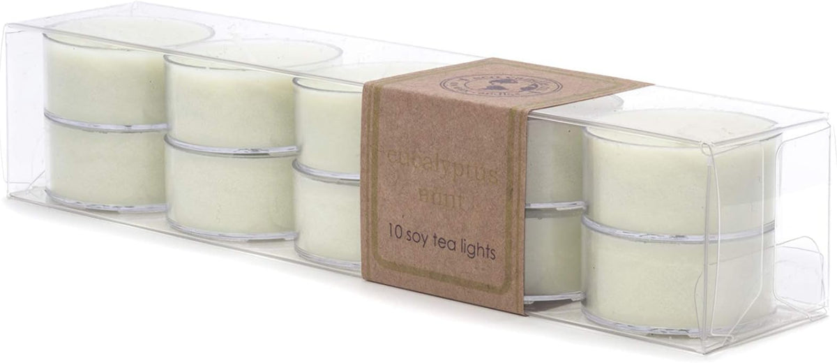ECO CANDLE CO. Tea Light Candles, Eucalyptus Mint, 10-Pack - Scents of Eucalyptus, Spearmint, & Peppermint - Recyclable, 100% Soy Wax, No Lead, Hand Poured, Midwest Grown Soybeans, .6 oz. Each