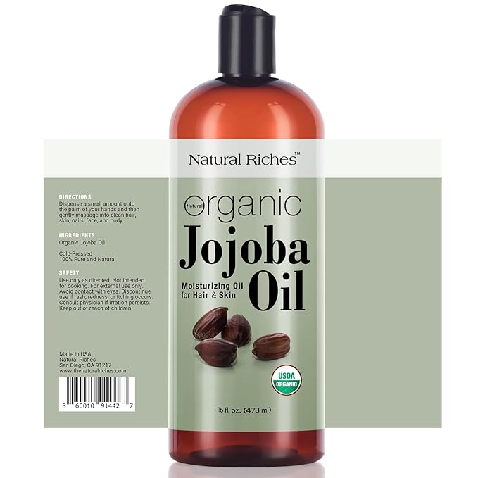 Natural Riches Organic Jojoba Oil, Pure (16 oz) | Moisturizing Oil for Face, Hair, Skin & Nails Cold Pressed Hexane Free Base Carrier oil.