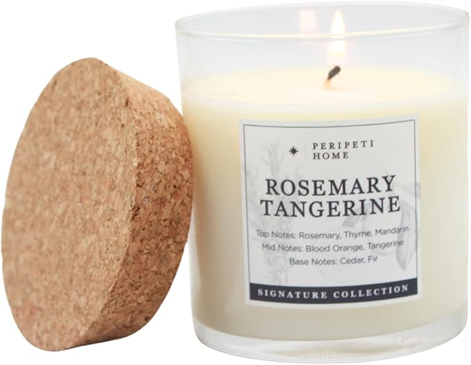 PERIPETI Home Rosemary + Tangerine Scented Candle - Classic Wick, 8.5oz Natural Soy Wax for Energizing Aromatherapy - Long-Lasting Citrus & Herbal Fragrance for Home or Spa