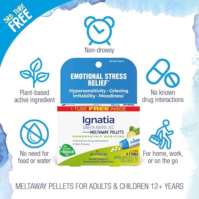 Boiron Ignatia Amara 30C Homeopathic Medicine for Relief from Emotional Stress, Hypersensitivity, Irritability, and Moodiness - 3 Count (240 Pellets)