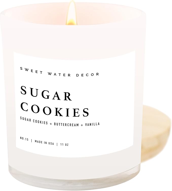 Sweet Water Decor Sugar Cookie Candle - Buttercream Frosting and Vanilla Winter Holiday Scented Soy Candles for Home - 11oz White Jar + Wood Lid Candle, 50+ Hour Burn Time, Made in The USA