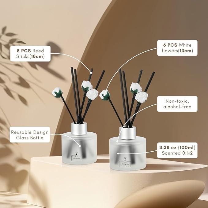 Brakula 2 Pack Reed Diffuser Set, Fresh Linen Scented, Home Fragrance with 14 Sticks Bathroom Decor, Reed diffusers for Home 6.76 fl oz (Fresh Linen)