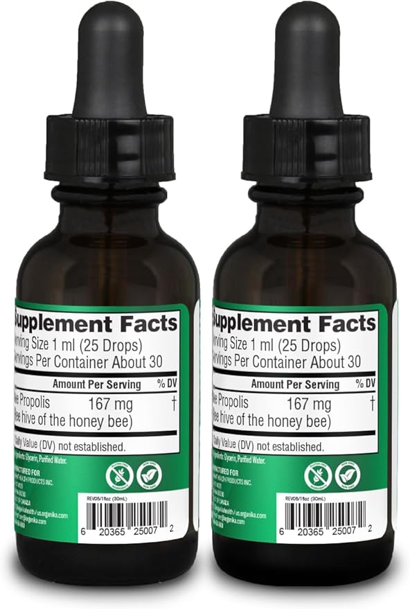 Organika Bee Propolis Tincture 1 oz x 2 Pack: Clean and Vegan Propolis Extract for Immune Defenses, Throat, and Breath - Free of Gluten, GMO, & Artificial Flavors - 20 Day Prop Drops Supply