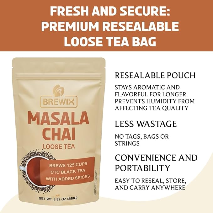 BREWIX, Masala Chai Tea Loose Leaf CTC TEA (125+ Cups, 8.82oz/250g) Strong Robust & Aromatic, All Natural | Blended with Exotic Spices | Ginger, Cinnamon, Cardamom, Clove & Black Pepper