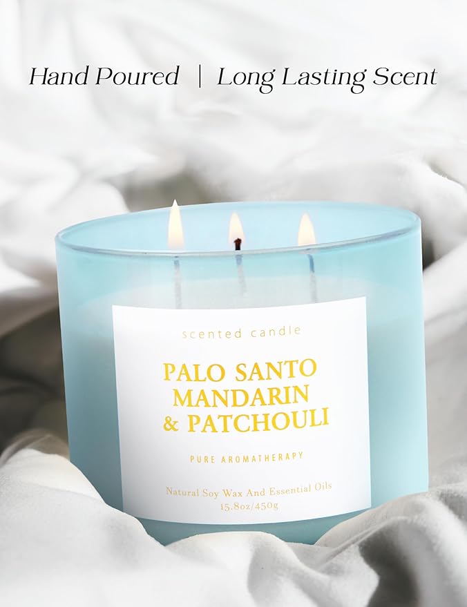 Palo Santo Mandarin Patchouli 3 Wick Candle - Large Soy Scented Candle 15.8 oz - Calming Home Aromatherapy Candle for Women & Men - Long Lasting Clean Burn - Stress Relief Candle
