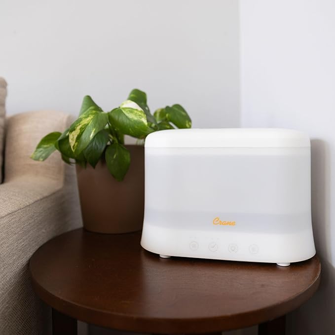 Crane 1.9 Liter Top Fill Cool Mist Humidifier & Essential Oil Diffuser, Whisper-Quiet, 15-Hour Run Time, Night Light, Small Room Air Humidifier, Humidifiers For Bedroom Kids