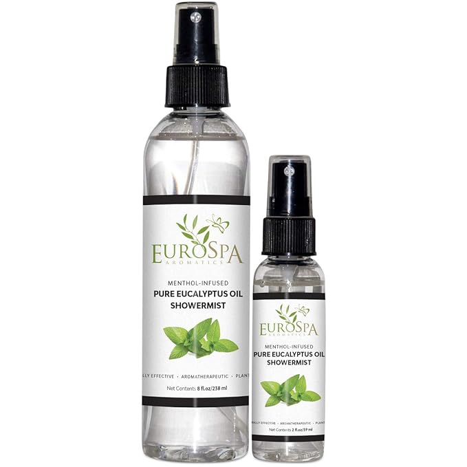 EuroSpa Aromatics Pure Eucalyptus Oil ShowerMist and Steam Room Spray, All-Natural Premium Aromatherapy Essential Oils - Menthol Infused, Duo Pack, 8oz and 2oz
