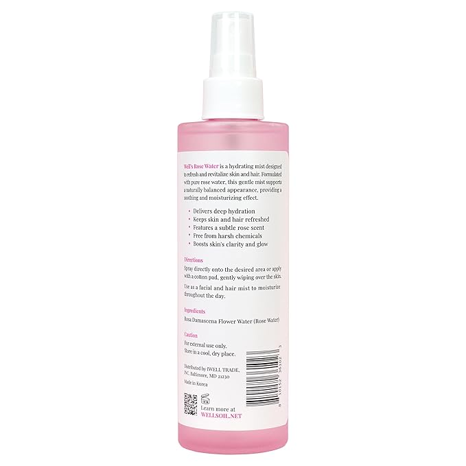 Well's Oil Rosewater Face & Hair Mist Spray (8 fl oz / 236 mL) | Floral Rosewater Hydrosol | Alcohol-Free