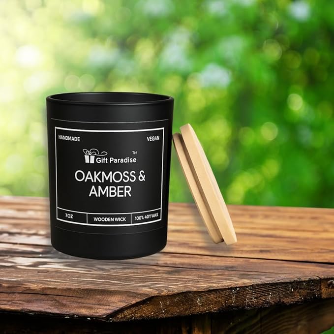 Oakmoss & Amber Gift Paradise 7 oz Soy Wax Candle with Wood Wick and Premium Wooden Gift Box – Handcrafted Vegan Candle, Non-Toxic, Long Burn, Earthy & Warm Aromatherapy Candle for Home & Gifting