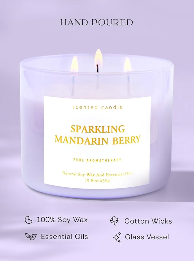 Sparkling Mandarin Berry 3-Wick Scented Soy Candle 15.8 oz | Large Citrus & Fruit Candle for Home Relaxation | Aromatherapy Stress Relief Candles | Long-Lasting Clean Burn